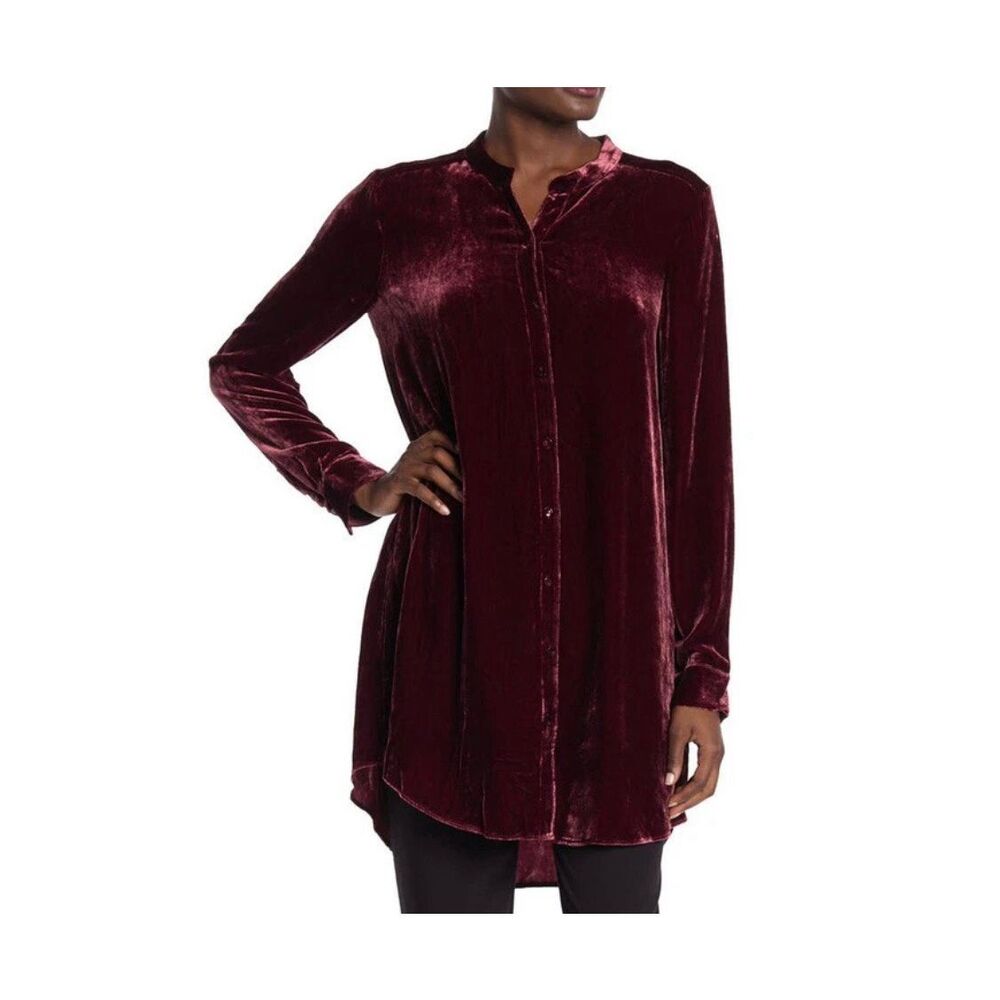 Eileen Fisher Tunic Top Shirt Dress Velvet Mandarin Collar Button Front Red Mars